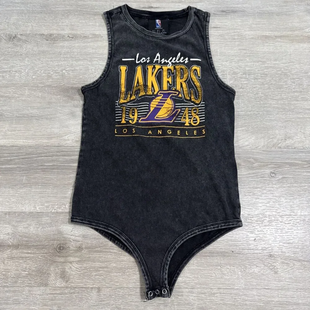 Los Angeles Lakers Shirt Women's Tank Bodysuit Black Acid Wash NBA Size Small